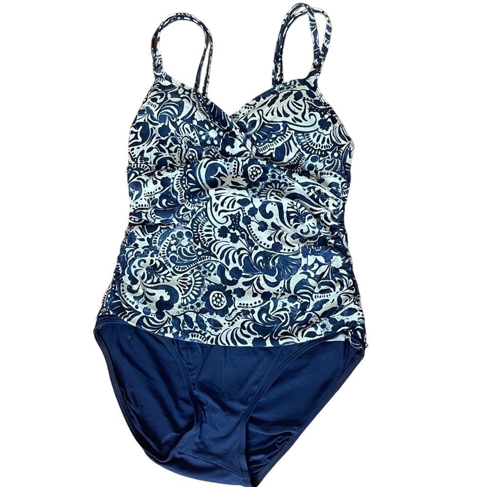 Lauren Ralph Lauren Floral Ruched Side Swimsuit Navy White Size 6
